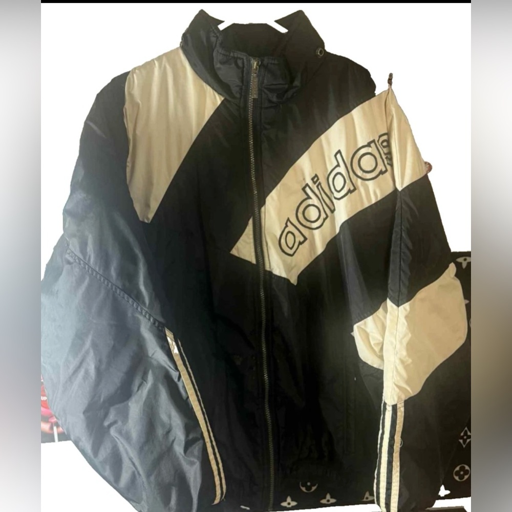 Vintage 90s Adidas Puffer Jacket M Black White Hooded Coat Quilted Lining Logo